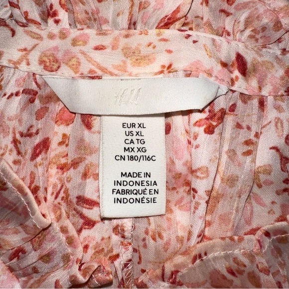 H&M Top Womens XL Pink Floral Ruffle Neck Sheer Tie Front Bishop Sleeve Blouse - Picture 2 of 9